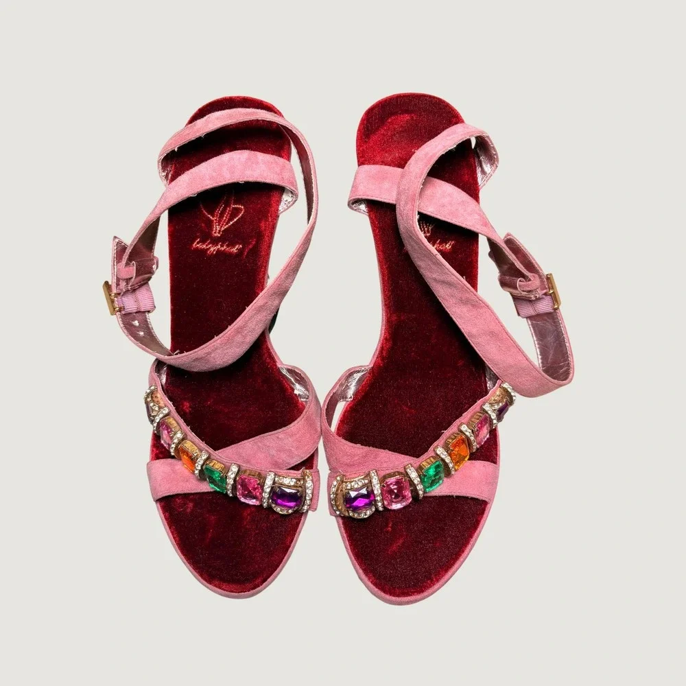 Y2K Rare Grail Baby Phat Pink Suede Wedge Sandals Gemstone Embroidered Heels